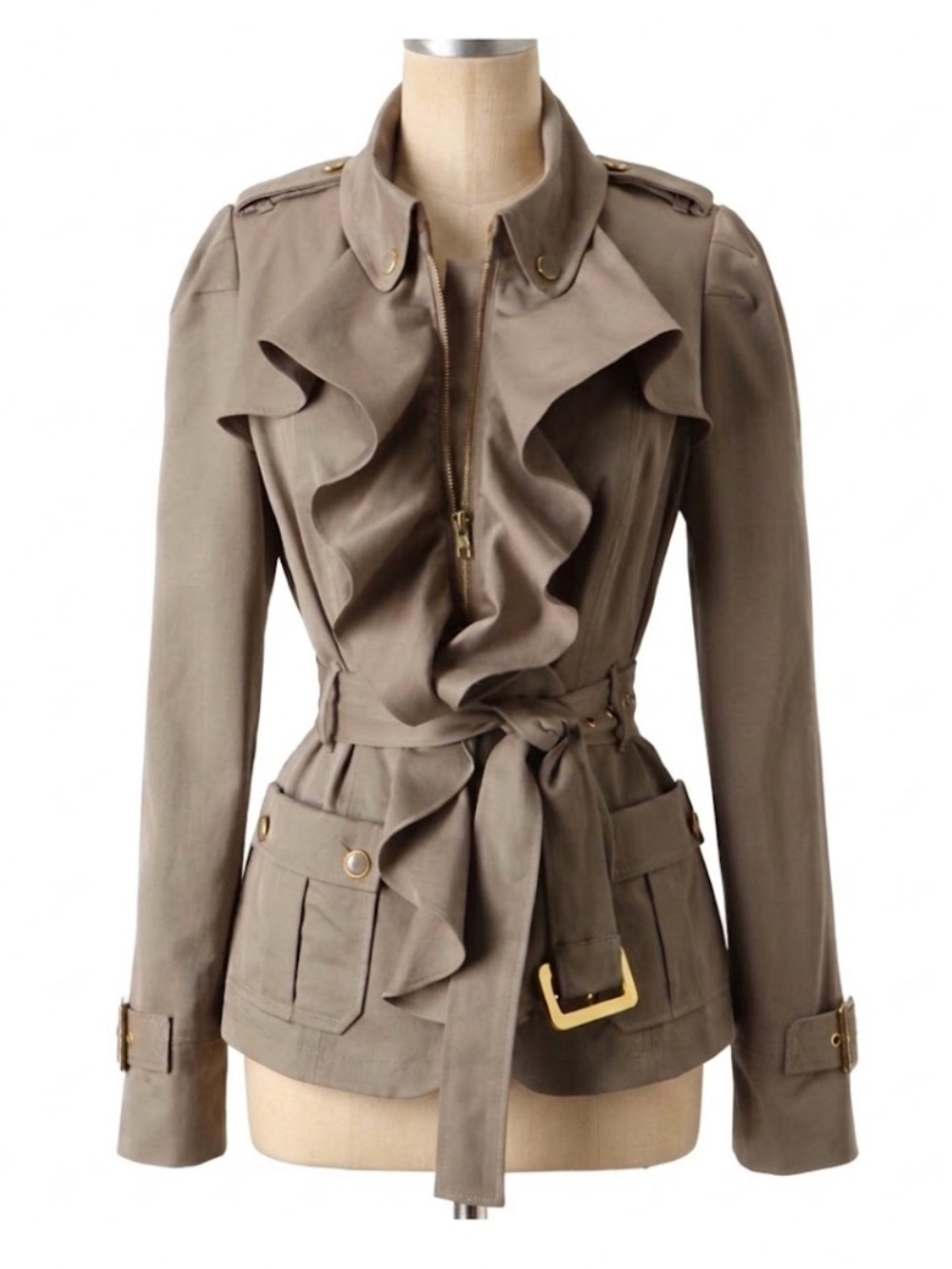 Anthropologie Elevenses Femme Ruffle Trench Coat Sz 12 LIKE NEW